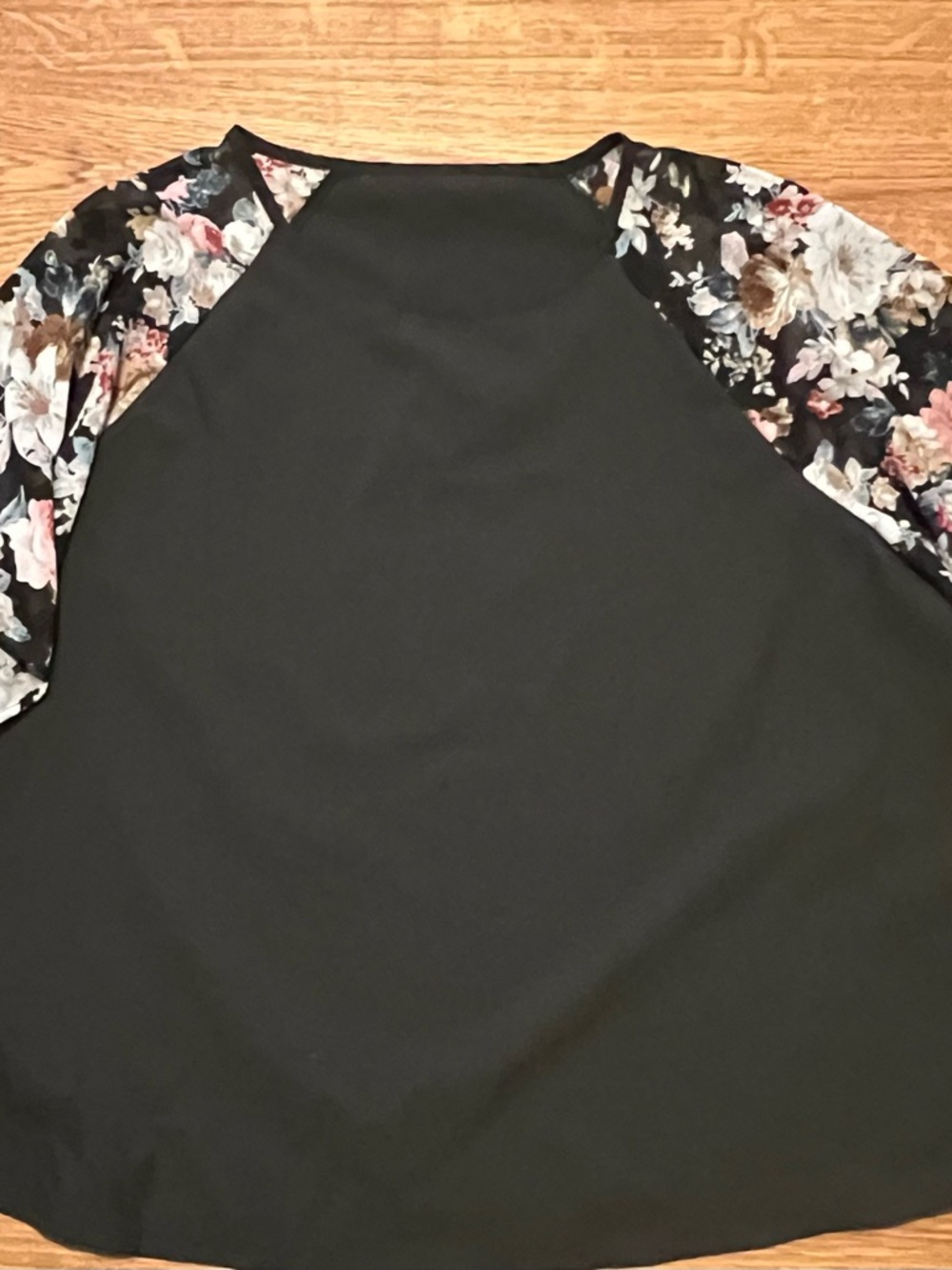 Black Top with Floral Raglan Sleeves